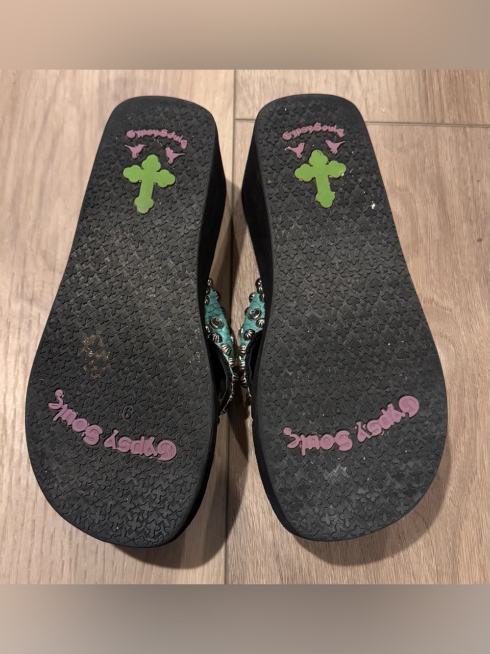 Gypsy Soul Platform Flip-flops Turquoise Skull Rhinestones Beaded Straps Size 8 - Picture 7 of 7